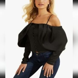 NWOT Guess Elegant Black Cold-Shoulder Long Sleeves Blouse Top. Black. Size M.